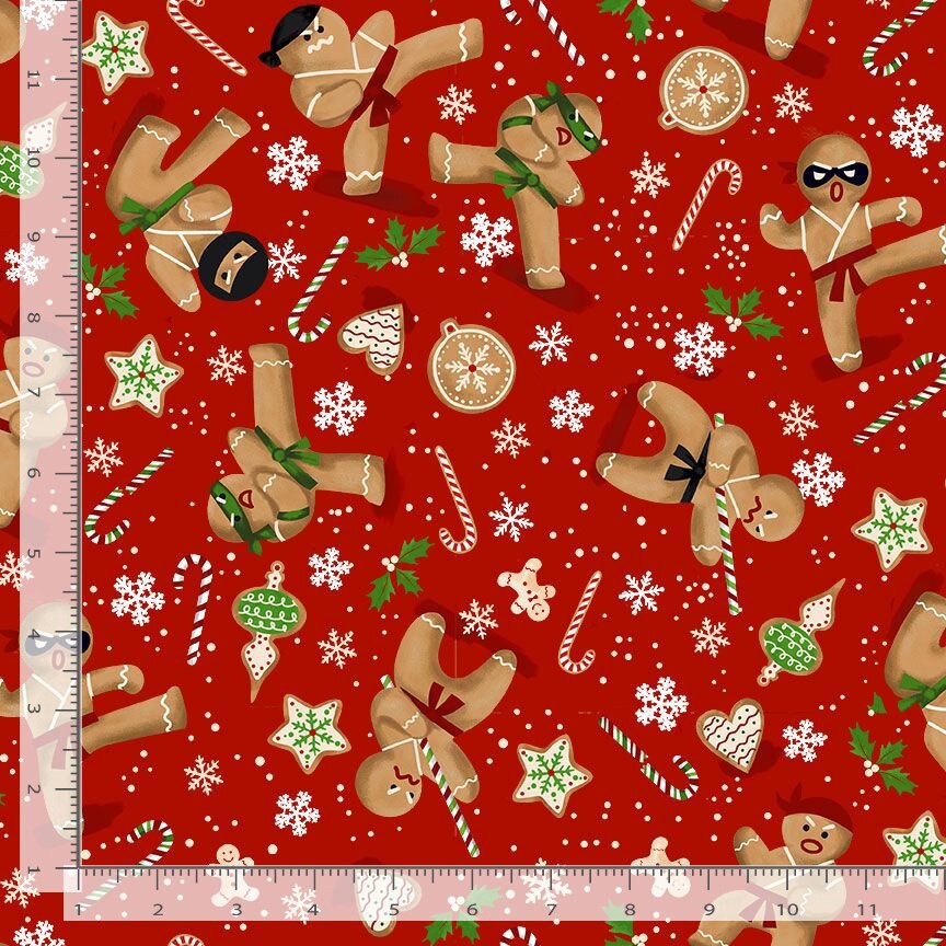 Quilting Cotton Gingerbread Ninja on Red Timeless Treasures