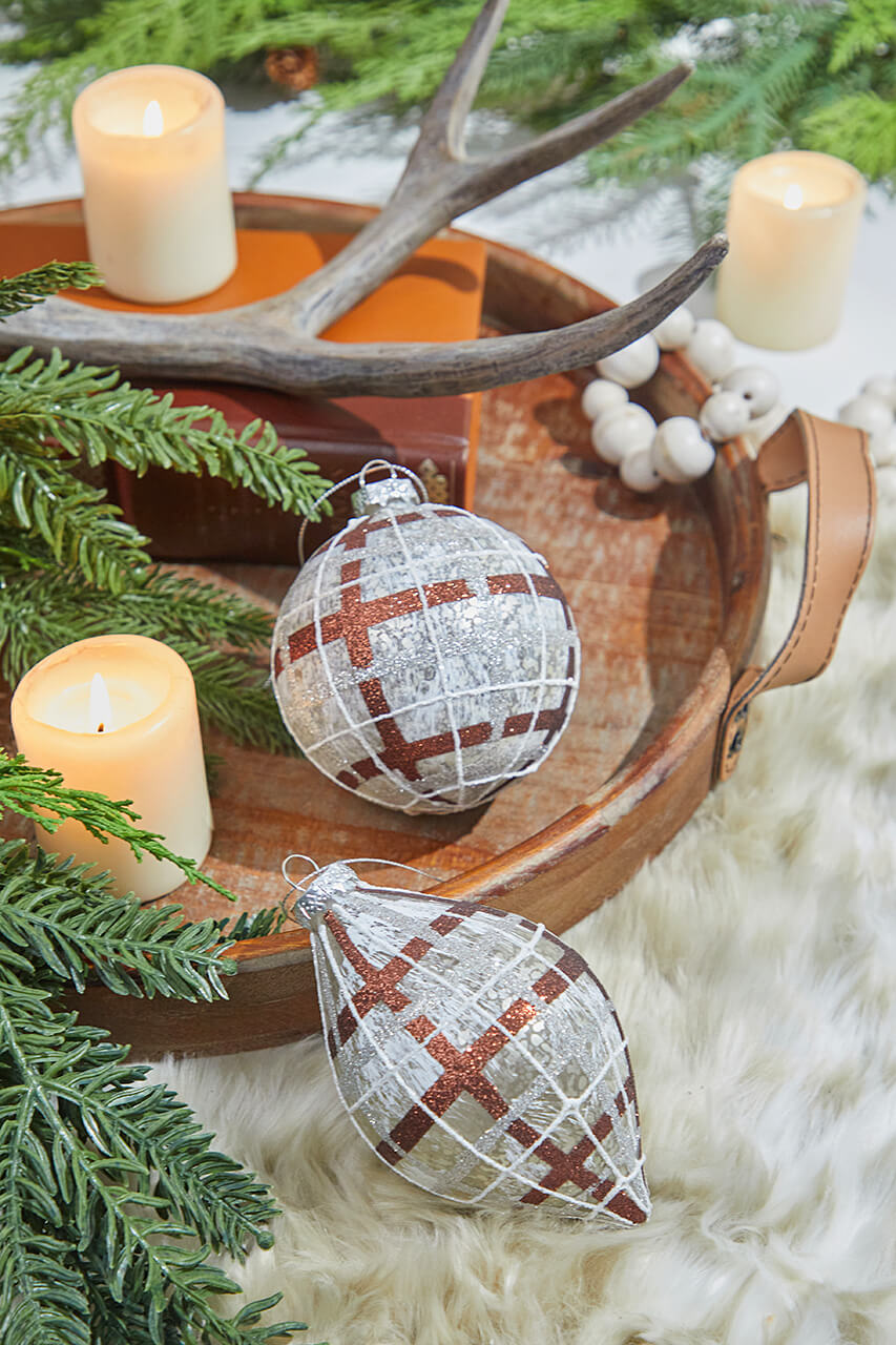 4"-5" Glass Forest Plaid Ball/Finial Ornament