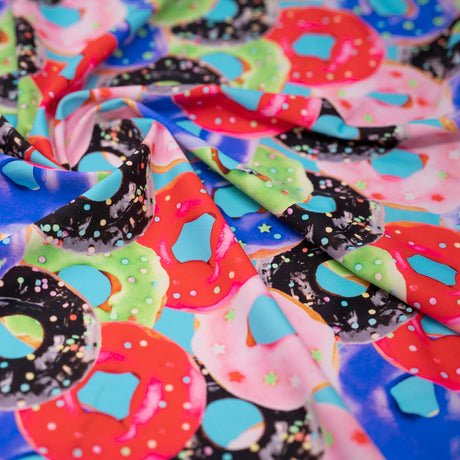 Glazed Doughnuts Printed Nylon Spandex Fabric - Blue Doughnut Print, 55/56" Width (1 Yard)