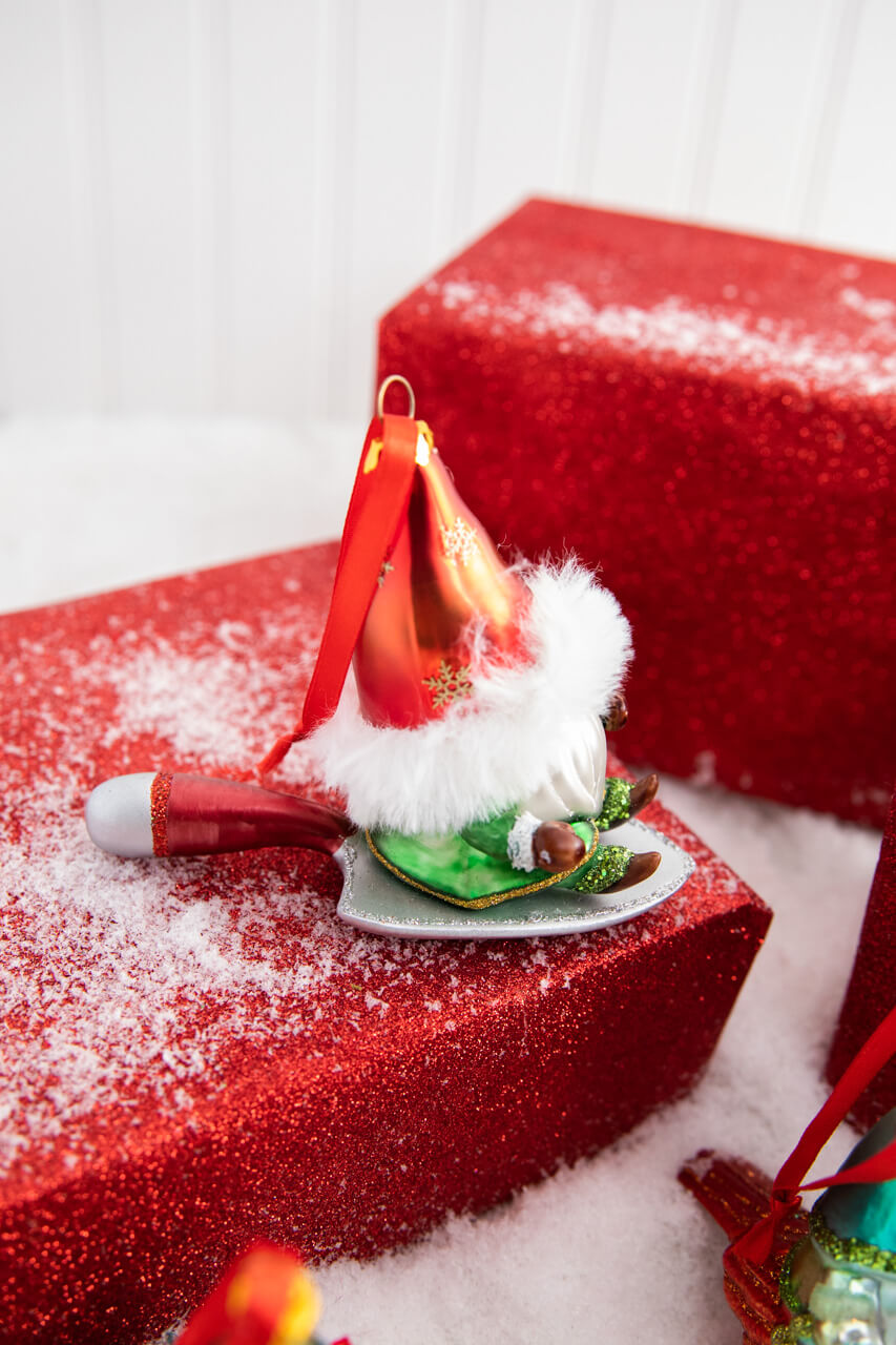 5” Gnome Riding A Cardinal/Tree/Shovel Glass Ornament