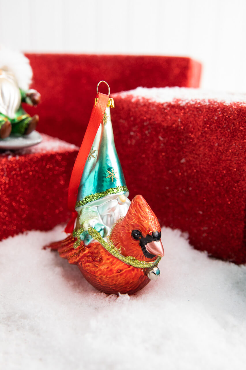 5” Gnome Riding A Cardinal/Tree/Shovel Glass Ornament