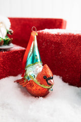 5” Gnome Riding A Cardinal/Tree/Shovel Glass Ornament