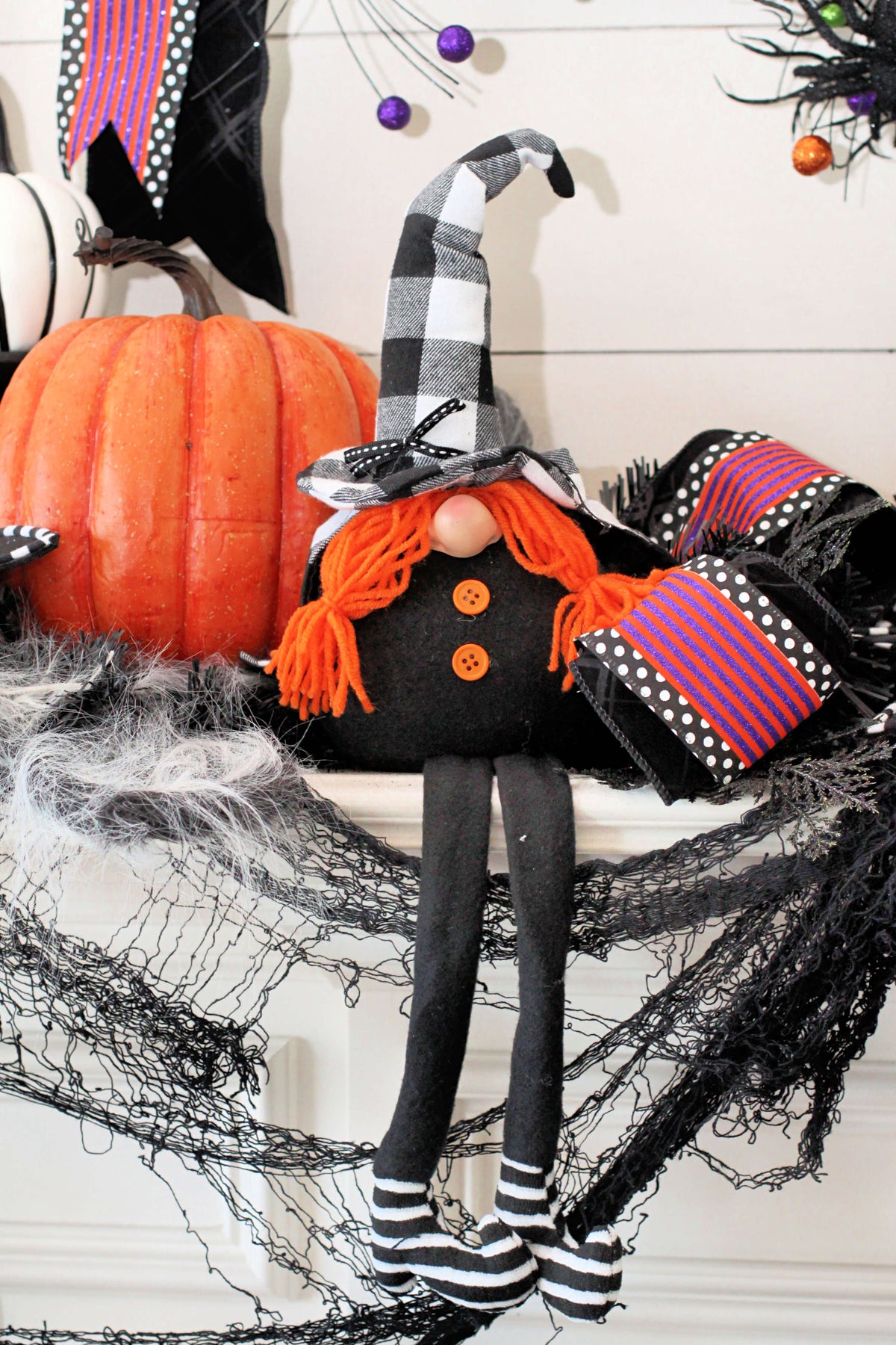 22” Fabric Halloween Buffalo Check Gnome Shelf Sitter