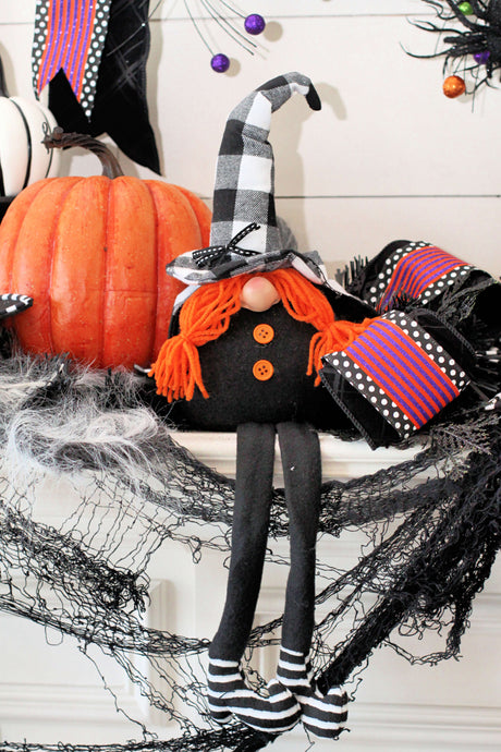22” Fabric Halloween Buffalo Check Gnome Shelf Sitter