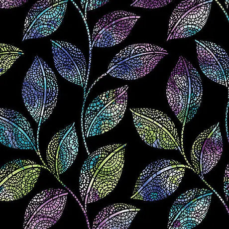 Cotton Fabric Go with the Flow Mosaic Leaves Black/Multi 44"/45"