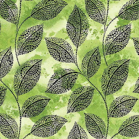Cotton Fabric Go with the Flow Mosaic Leaves Lime 44/45"