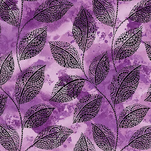 Cotton Print Mosaic Leaves Purple Fabric 44/45"