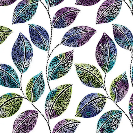 Cotton Fabric Go with the Flow Mosaic Leaves White/Multi 44/45