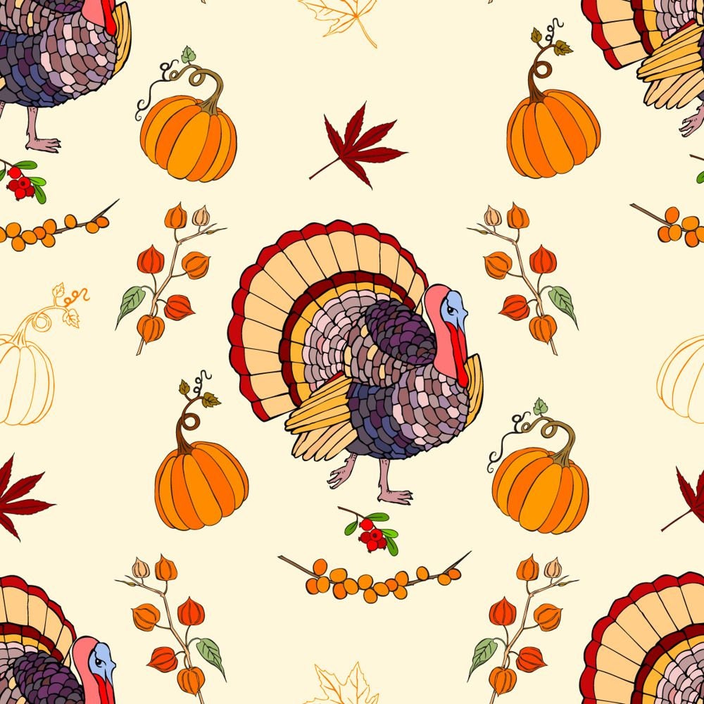 Quilting Cotton Gobble Gobble Cream Thanksgiving Turkey Fabric