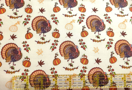 Quilting Cotton Gobble Gobble Cream Thanksgiving Turkey Fabric