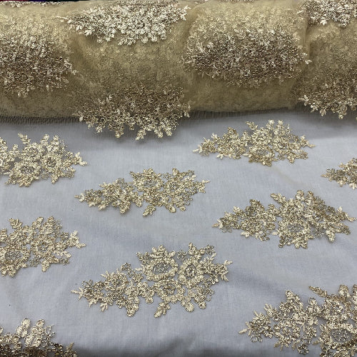 Gold Sequin Lace Fabric - Embroideries On Mesh, Gold, 52" Width