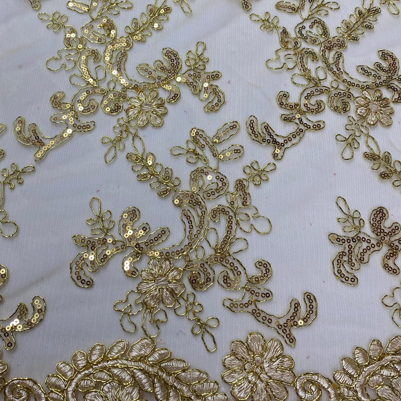 Elena'S Lace Gold Polyester Lace Fabric - Gold Corded Mesh Embroidered With Sequins, Double Scalloped Edge, 54" Width (1 Yard)