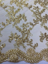 Elena'S Lace Gold Polyester Lace Fabric - Gold Corded Mesh Embroidered With Sequins, Double Scalloped Edge, 54" Width (1 Yard)