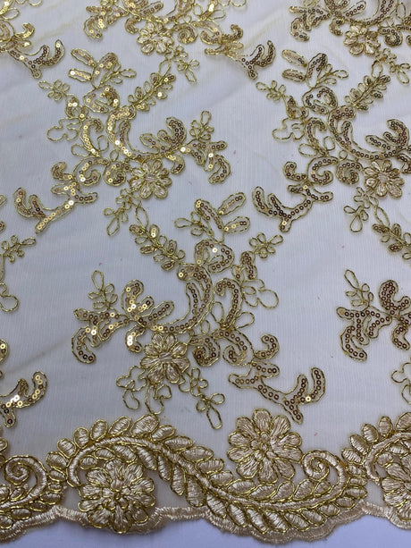 Elena'S Lace Gold Polyester Lace Fabric - Gold Corded Mesh Embroidered With Sequins, Double Scalloped Edge, 54" Width (1 Yard)