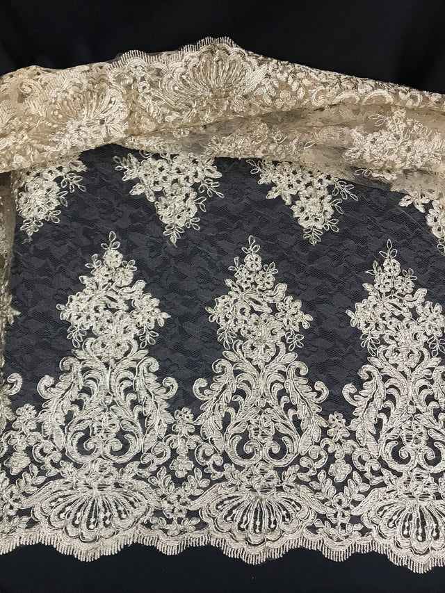 Gold Metallic Floral Lace Polyester Fabric - Gold Floral Pattern, 54/55" Width (1 Yard)