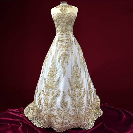 1 Yard Beaded and Corded Bridal Fabric Lace Embroidered on Polyester Net Mesh 51 inch Width