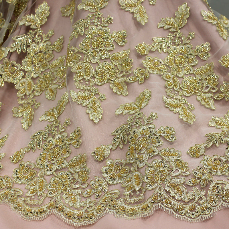 1 Yard Beaded Corded Bridal Lace Fabric Embroidered on Premium Polyester Mesh 51