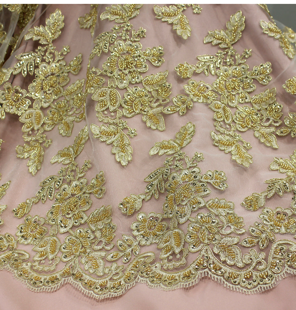 1 Yard Beaded & Corded Embroidered Bridal Lace Fabric, 100% Polyester Net Mesh, 52-54 inch Wide,