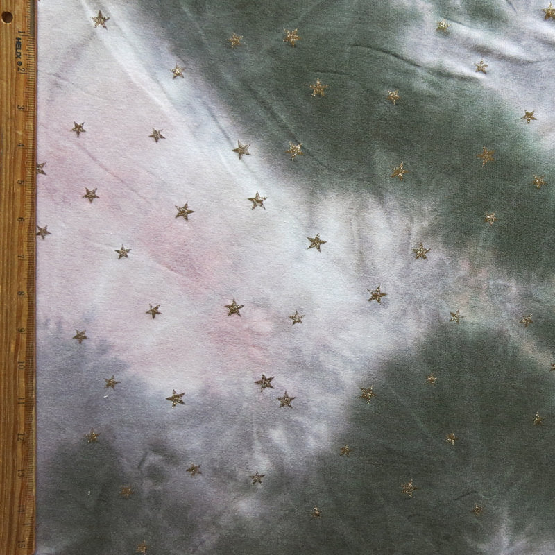 Rayon Spandex French Terry Gold Foil Stars Tie Dye