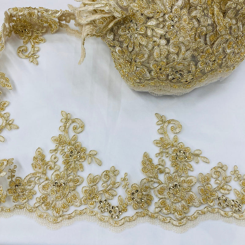 Beaded Corded Floral Lace Trim 6"