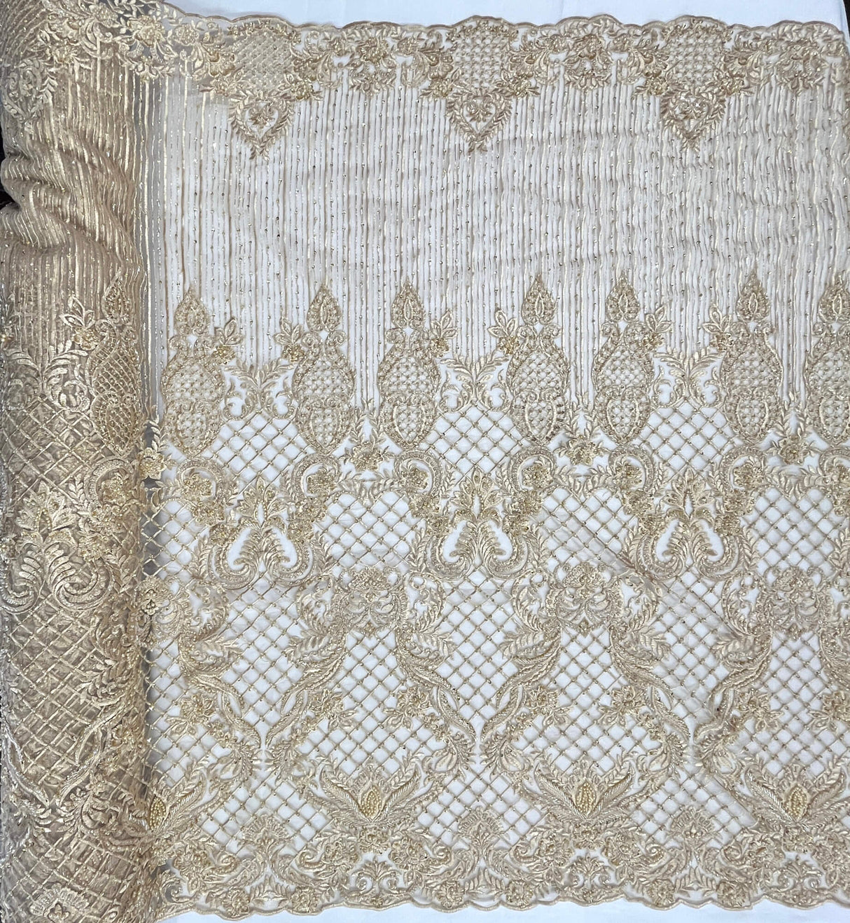 Beaded Lace Fabric - Embroidered 100 Percent Polyester Net Mesh, Floral Baroque Scalloped Edge, 52" Width (1 Yard)