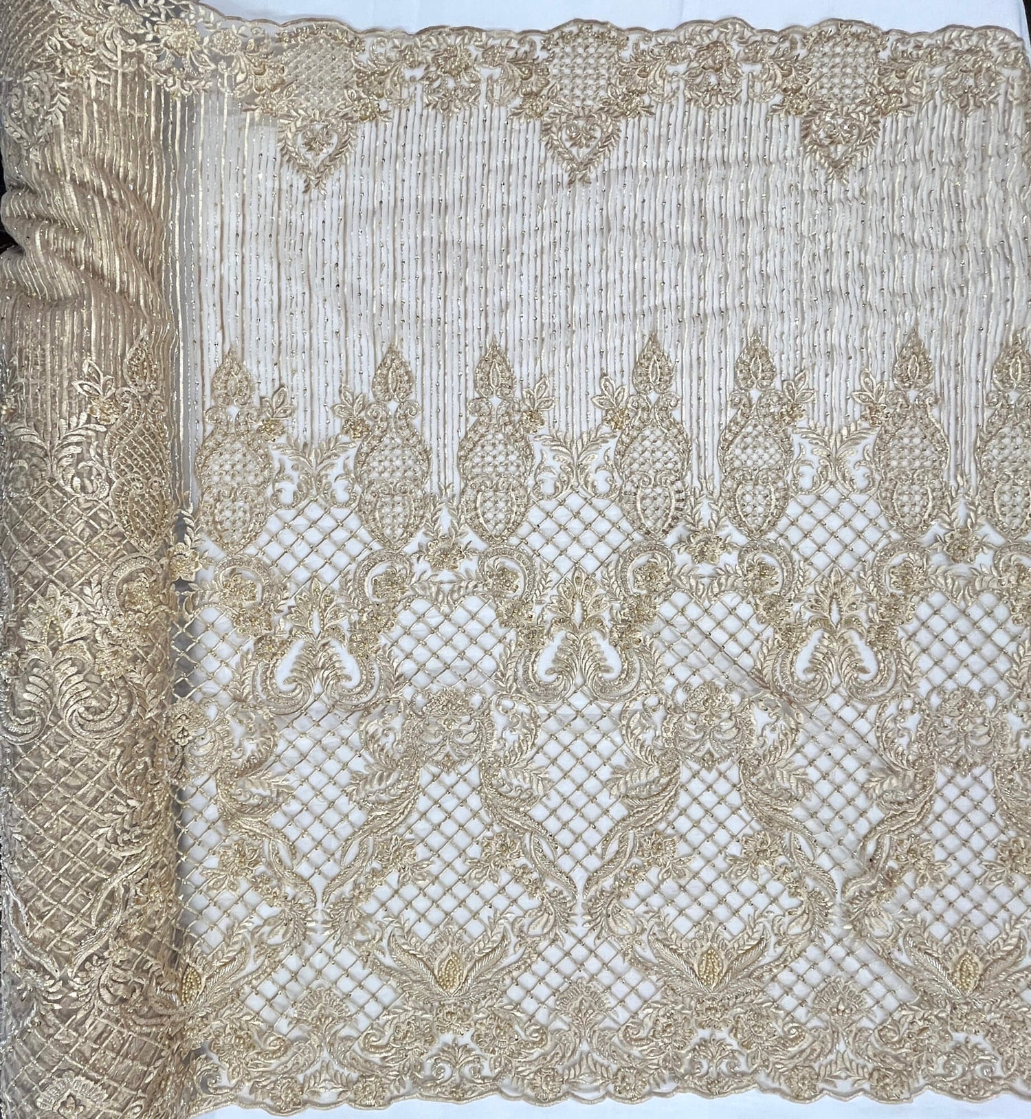 Beaded Lace Fabric - Embroidered 100 Percent Polyester Net Mesh, Floral Baroque Scalloped Edge, 52" Width (1 Yard)