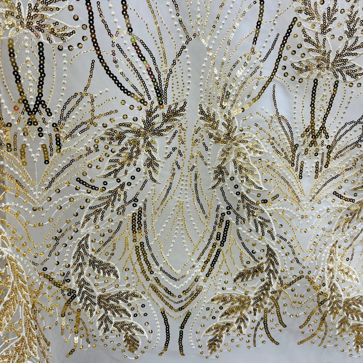 Beaded Sequined Lace Fabric Leaf Vine