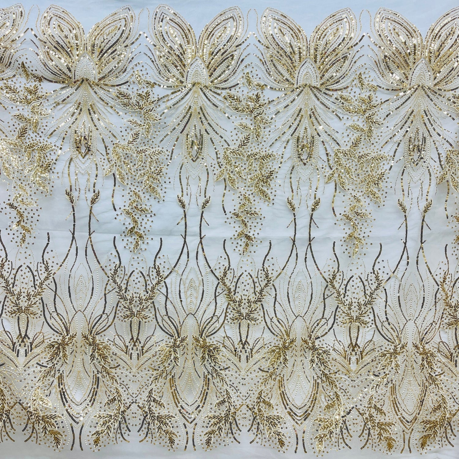 Beaded Sequined Lace Fabric - Leaf And Vine Design, Gold, Silver, White, 52" Width (1 Yard)