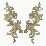 Corded Floral Lace Applique Embellishment Polyester Net Fabric - Ivory, White, Silver, Gold, Floral Applique, 22" X 5" (1 Pair)