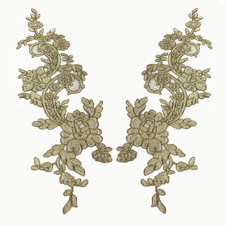 Corded Floral Lace Applique Embellishment Polyester Net Fabric - Ivory, White, Silver, Gold, Floral Applique, 22" X 5" (1 Pair)