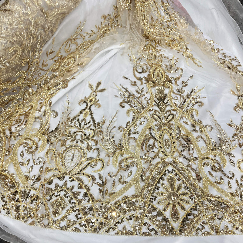 Beaded Lace Fabric Embroidered On 100 Percent Polyester Net Mesh - Gold, Silver, Ivory, White, 52" Width (1 Yard)