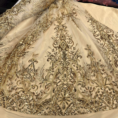 Beaded Lace Fabric Embroidered On 100 Percent Polyester Net Mesh - Gold, Silver, Ivory, White, 52" Width (1 Yard)