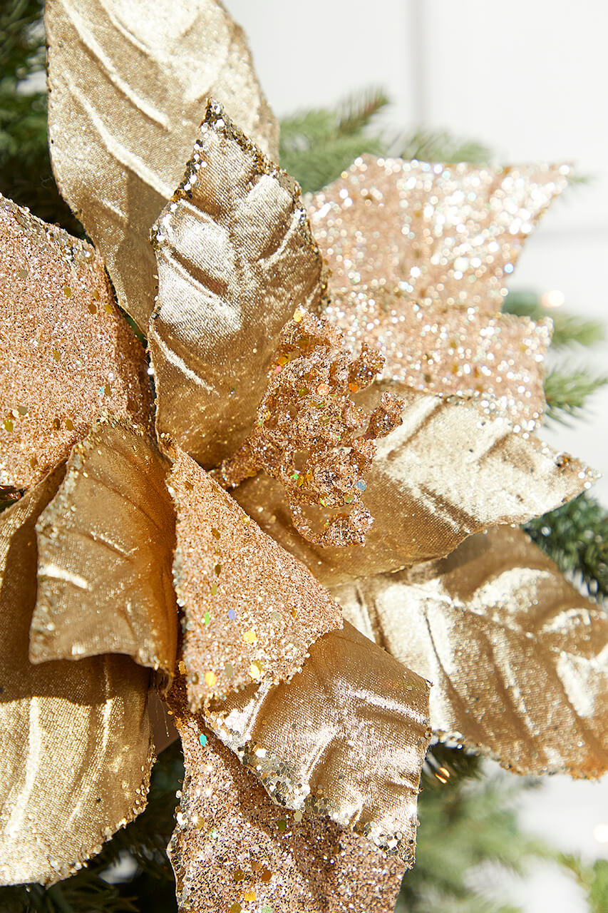 13" Gold Velvet Glitter Poinsettia Stem