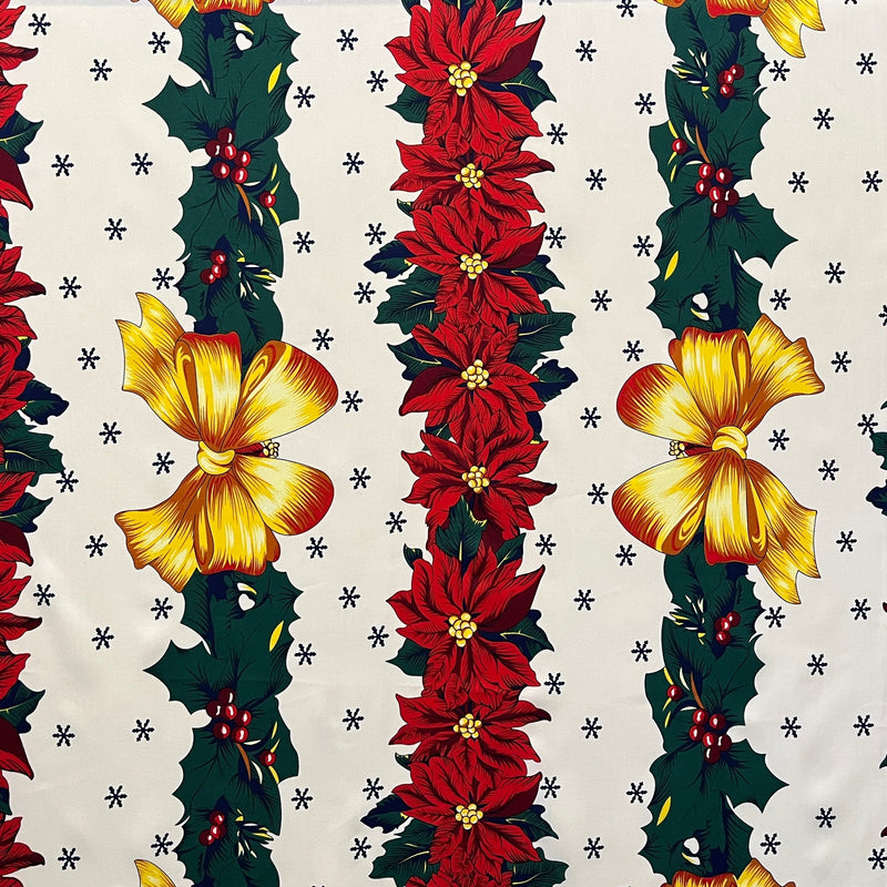 Golden Bow Poinsettia Holiday Polyester Fabric - Off-White Red Border Christmas Decor Print, 59" Width (1 Yard)