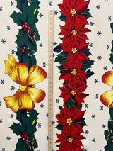 Golden Bow Poinsettia Holiday Polyester Fabric - Off-White Red Border Christmas Decor Print, 59" Width (1 Yard)