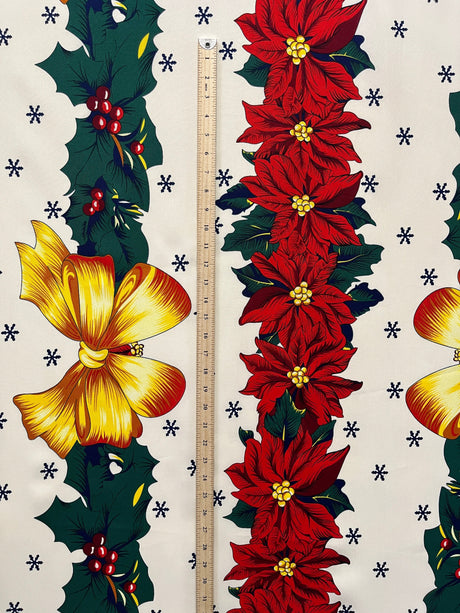 Golden Bow Poinsettia Holiday Polyester Fabric - Off-White Red Border Christmas Decor Print, 59" Width (1 Yard)