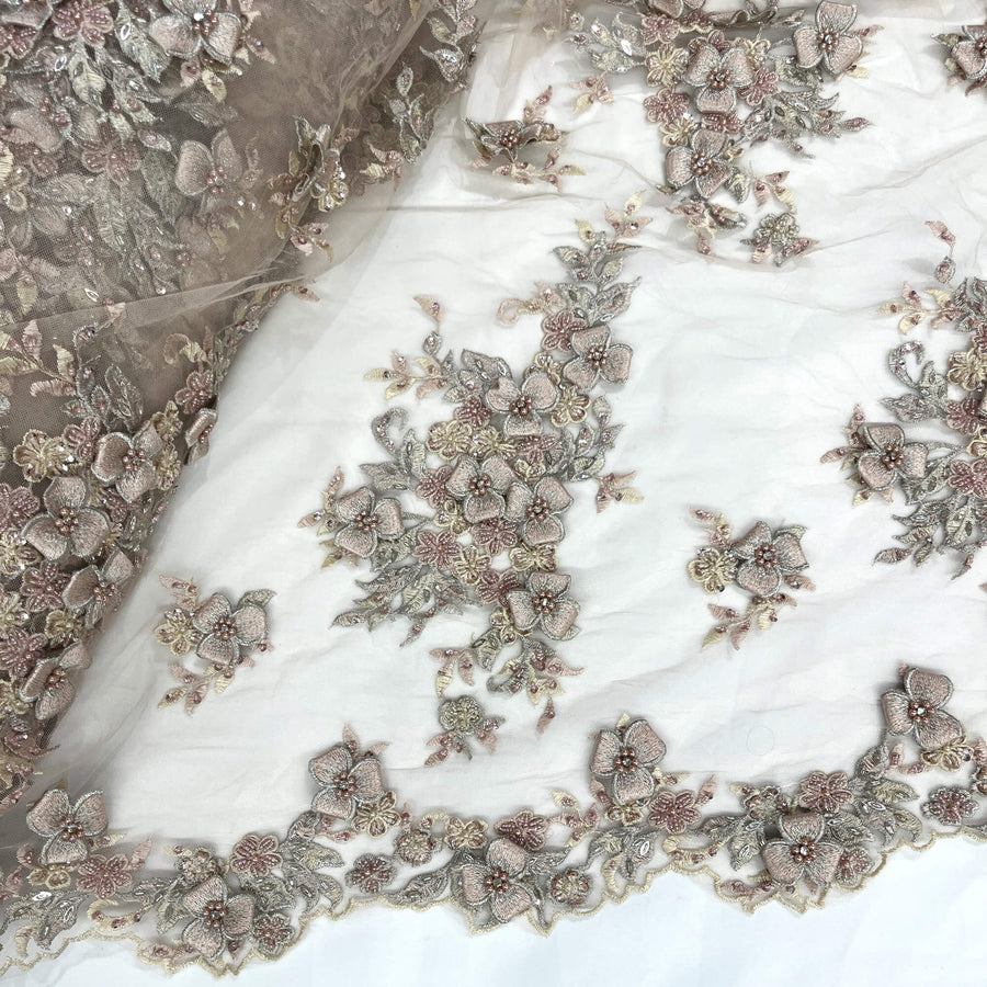 1 Yard 3D Beaded Floral Lace Fabric with Rhinestones – Embroidered Mesh with Scalloped Edges