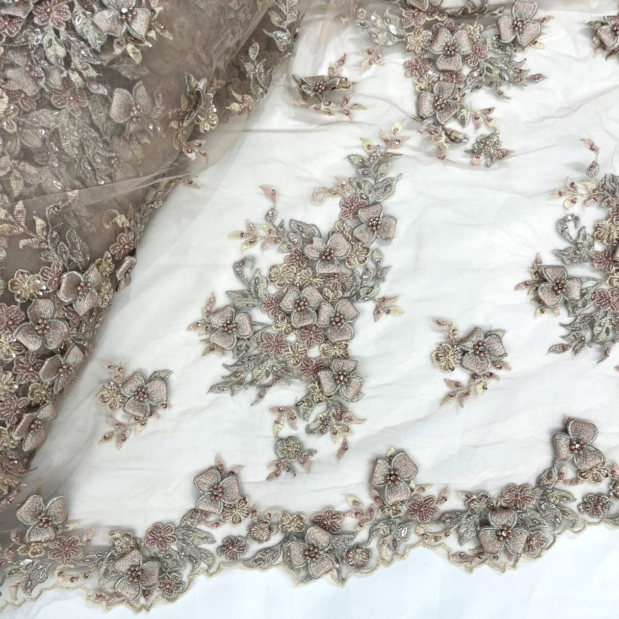 3D Beaded Floral Lace Mesh Fabric