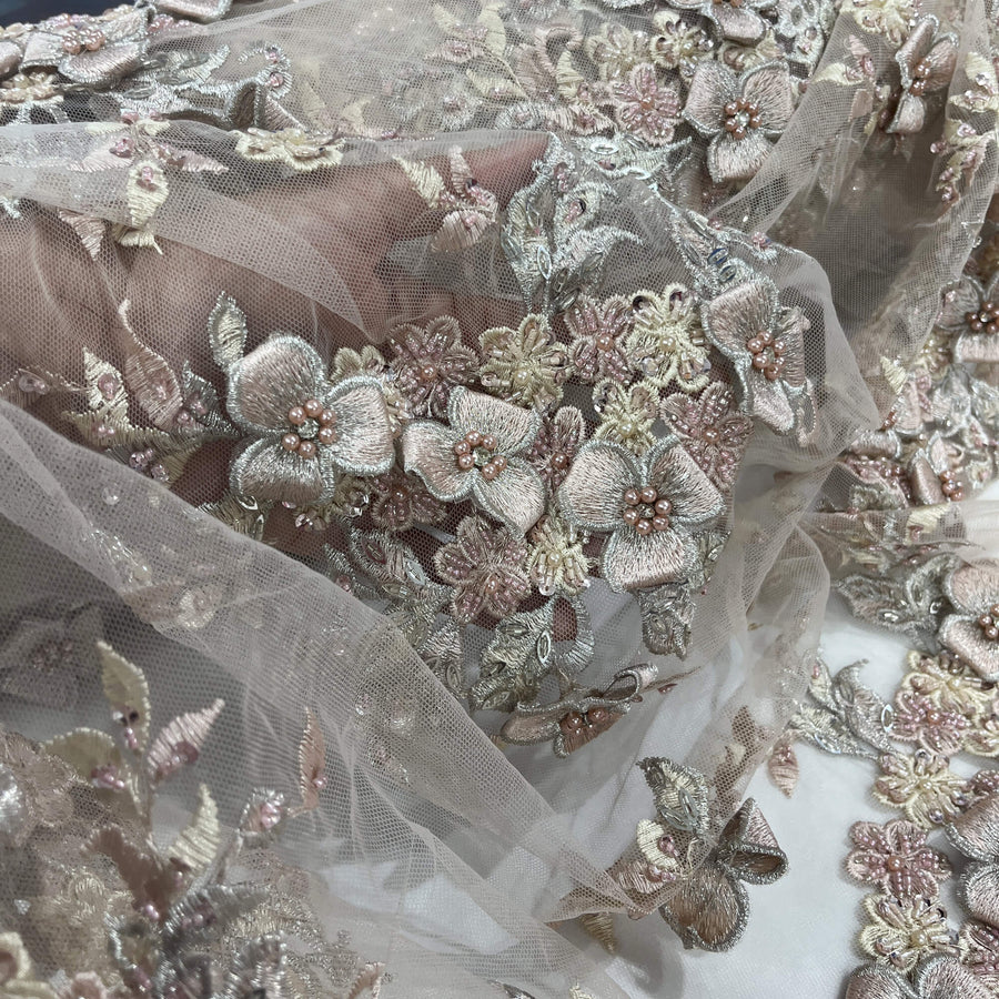 1 Yard 3D Beaded Floral Lace Fabric with Rhinestones – Embroidered Mesh with Scalloped Edges