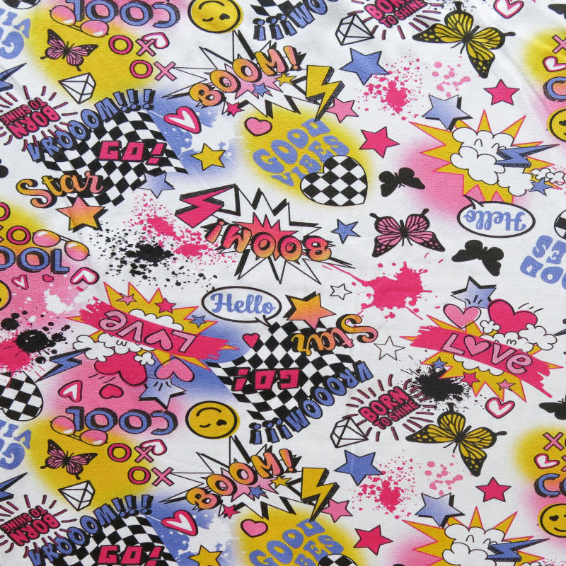 Cotton Lycra Jersey Knit Good Vibes Graffiti Print