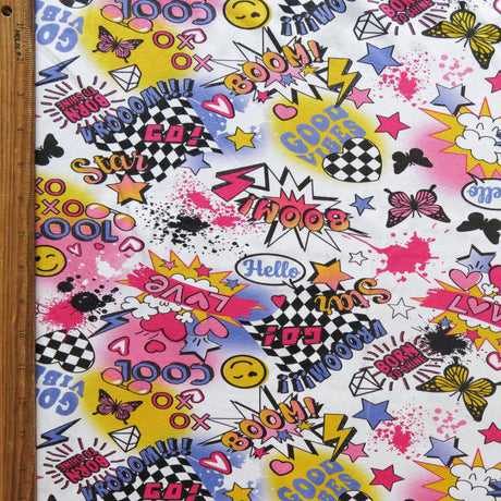 Cotton Lycra Jersey Knit Good Vibes Graffiti Print
