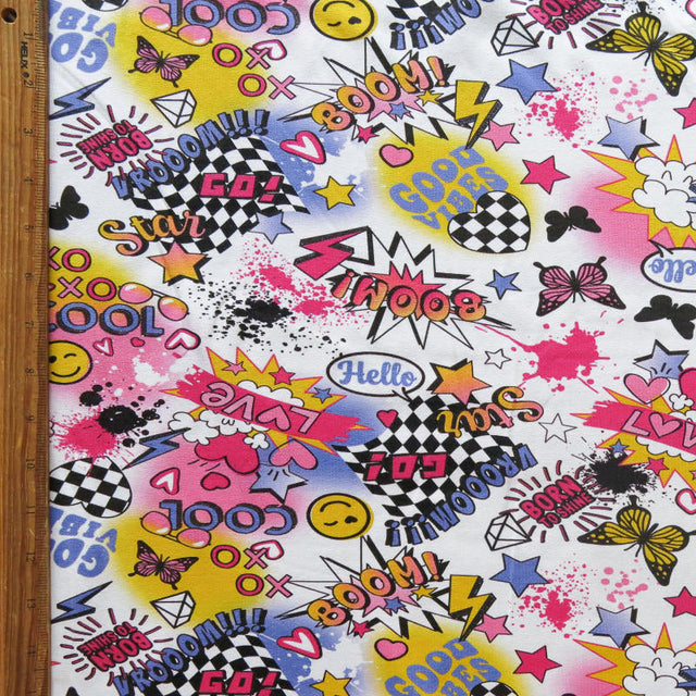 Cotton Lycra Jersey Knit Good Vibes Graffiti Print