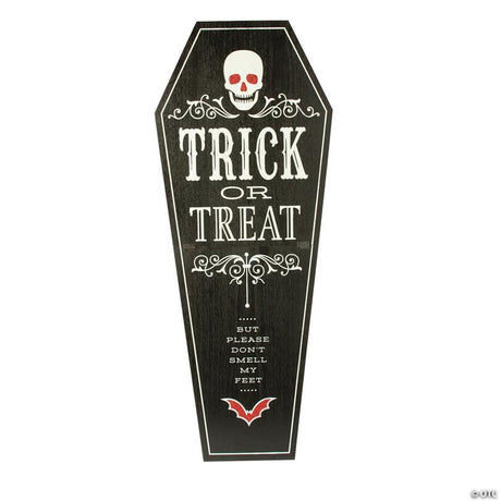 RADYAN Wooden Gothic Halloween Coffin Sign with Hinges and Easel for Halloween Decor shown in a clear product image