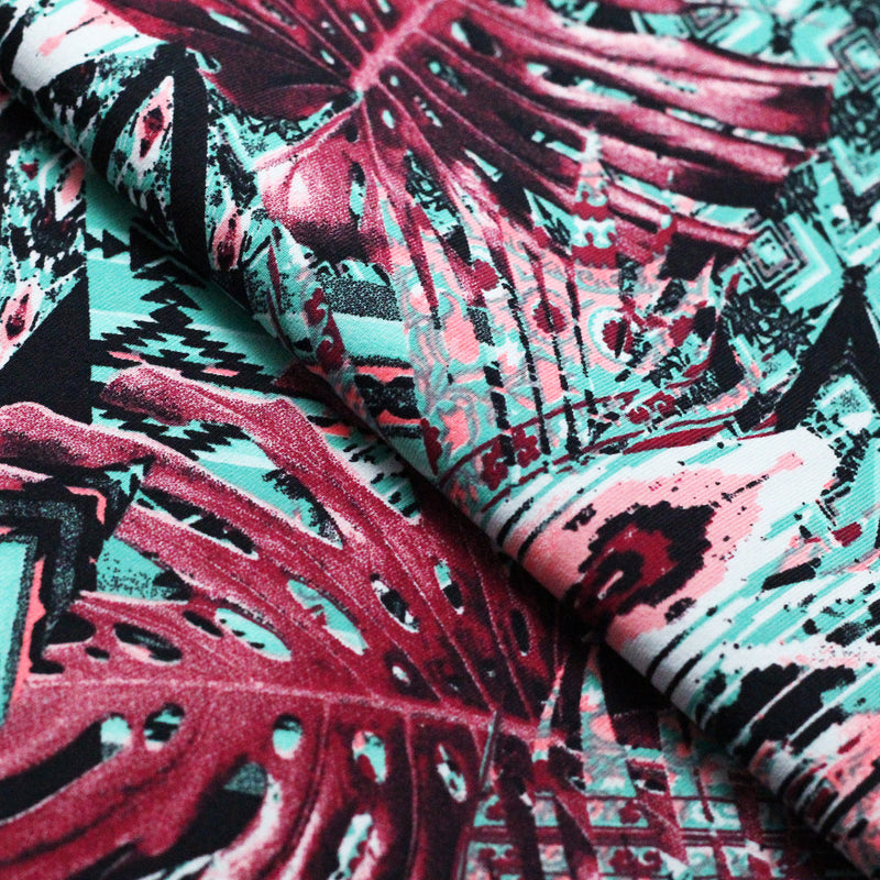 Rhombus Nylon Spandex Fabric - Red/Green Palm Leaf Print, 58/60" Width (1 Yard)