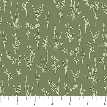 Cotton Floral Flourish Fabric 44/45 Green Line