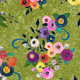 Cotton Floral Print Fabric Green Olive Watercolor Toss 44/45"