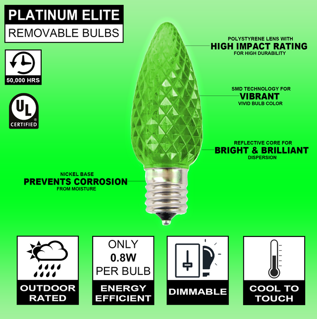 C9 Platinum Elite LED SMD Bulbs – 25 Pack Faceted Green Commercial Grade Retrofit Holiday Lights