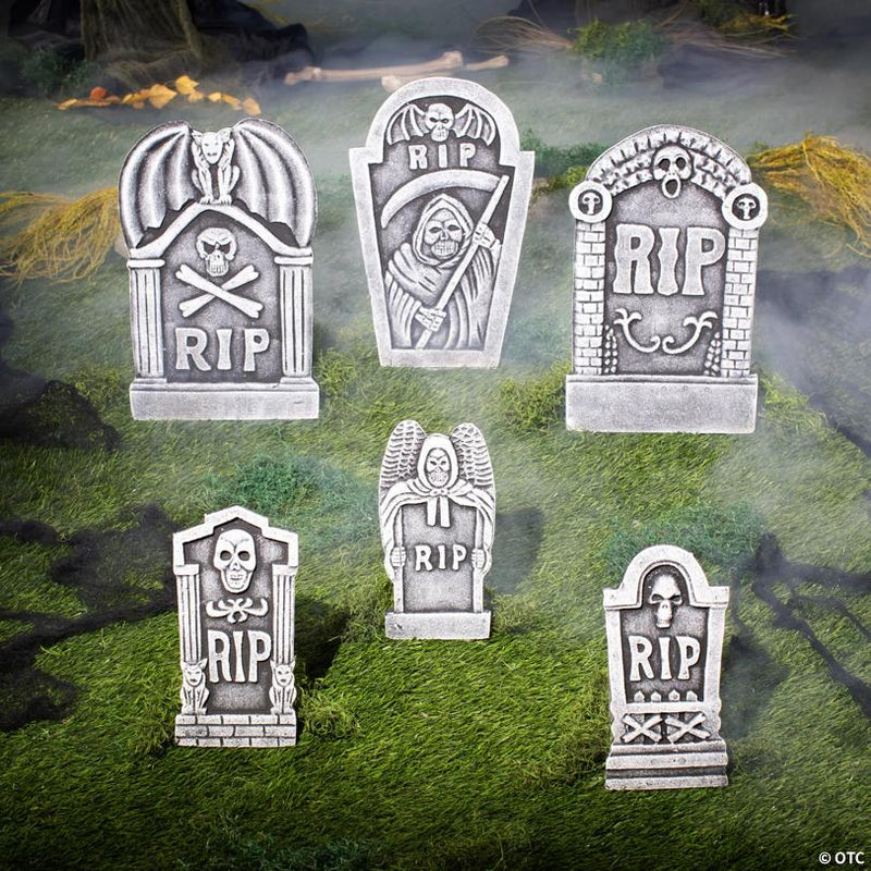 Grim Reaper RIP Foam Tombstone Halloween Decoration Set for Yard, featuring a spooky grim reaper design