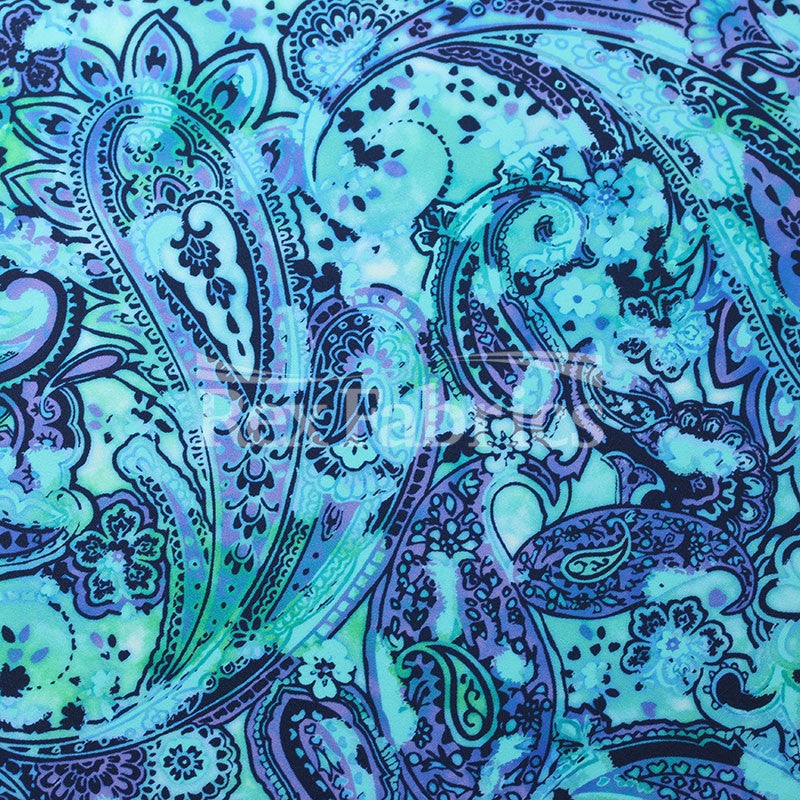 Gypsy Paisley Nylon Spandex Fabric - Cool Blue/Warm Red Paisley Print, 58/60" Width, 210 GSM (1 Yard)