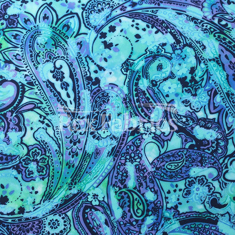 Gypsy Paisley Nylon Spandex Fabric - Cool Blue/Warm Red Paisley Print, 58/60" Width, 210 GSM (1 Yard)